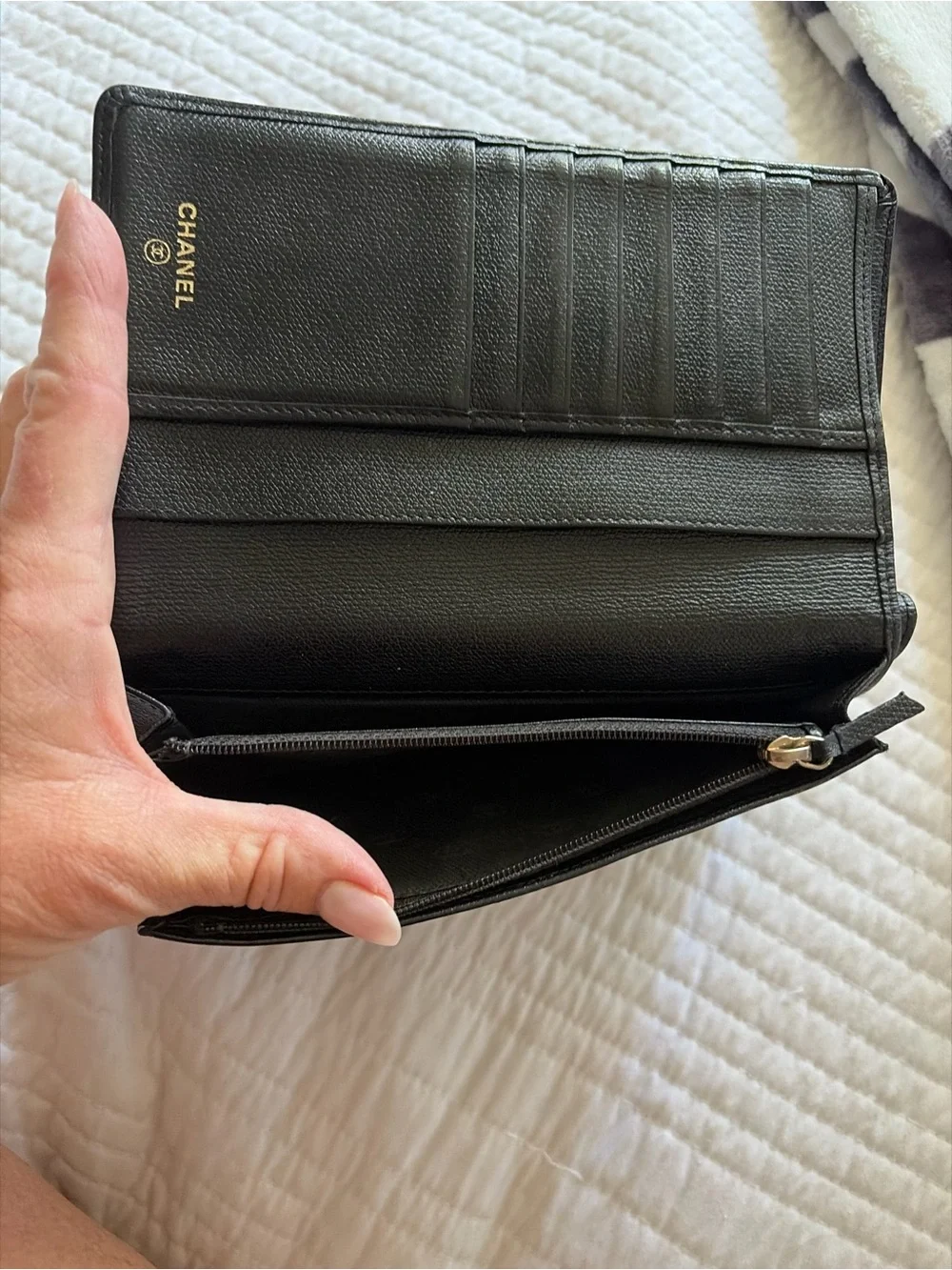 CHANEL Black Leather Continental Card Holder with Gold CC Button